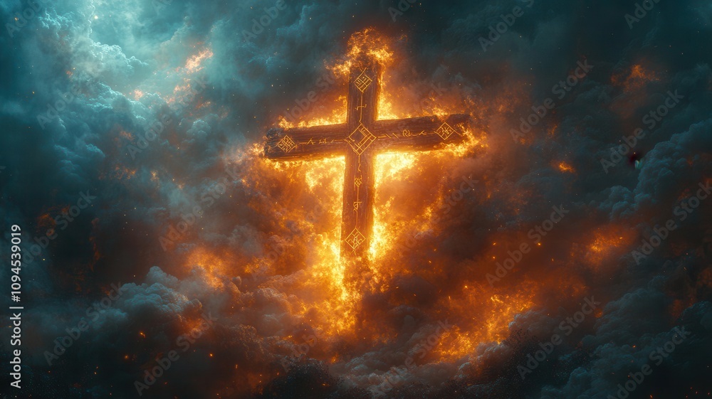 A fiery cross emerges from dark, turbulent clouds, symbolizing a powerful religious or spiritual presence in a dramatic, ethereal setting. A fiery cross emerges from dark, turbulent clouds, symbolizing a powerful religious or spiritual presence in a dramatic, ethereal setting.