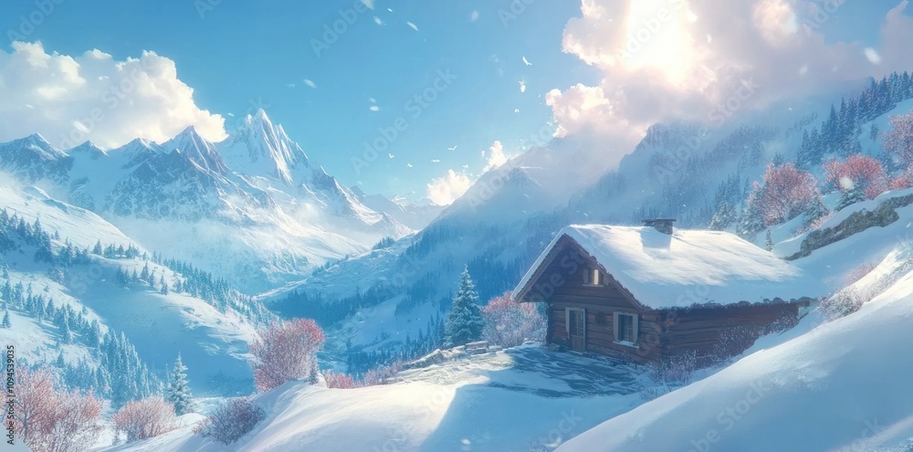 Fototapeta premium Skihütte in the Bergen, winter landscape panorama