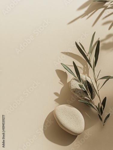 Natural stones and olive branch create an aesthetic minimalist arrangement on...