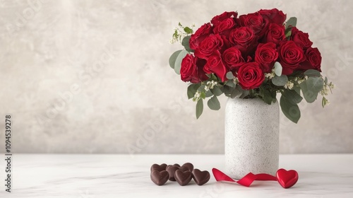 Romantic arrangement with red roses and heart shaped chocolates for special o...
