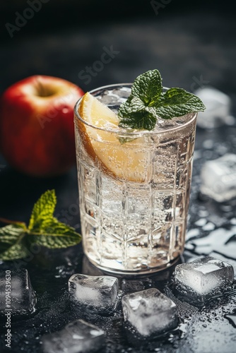 Refreshing drink with lemon and mint beside a fresh apple on a dark background