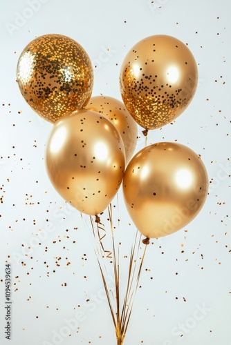 Golden balloons and confetti create a festive atmosphere for celebrations and...