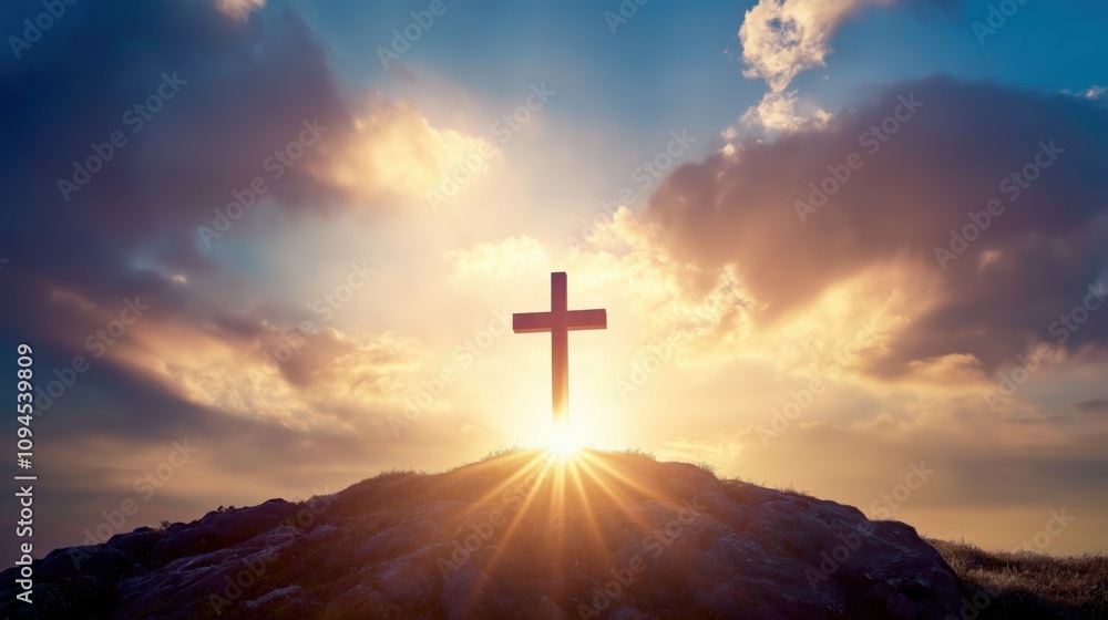 Obraz premium Sunlight shine through silhouette of big wooden Christian cross on open field during sunset