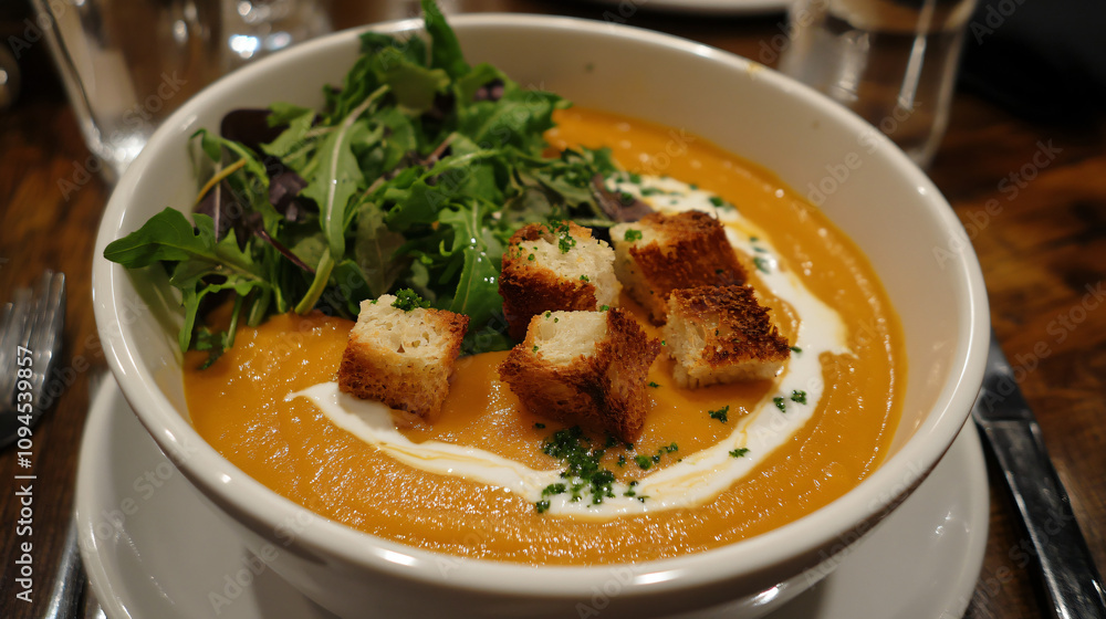 A bowl of creamy butternut squash soup with a swirl of cream and crispy croutons, served alongside a fresh green salad. A bowl of creamy butternut squash soup with a swirl of cream and crispy croutons, served alongside a fresh green salad.