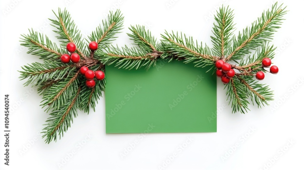 Festive Christmas tree branches adorned with vibrant red berries and a blank green paper section for text placement on a white background. Festive Christmas tree branches adorned with vibrant red berries and a blank green paper section for text placement on a white background.
