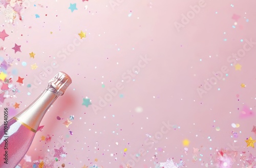 Celebratory drink with pink background and colorful confetti scattered around