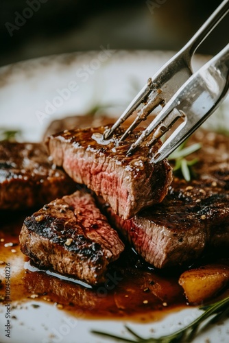 Perfectly cooked steak being garnished with fresh herbs on a white plate
