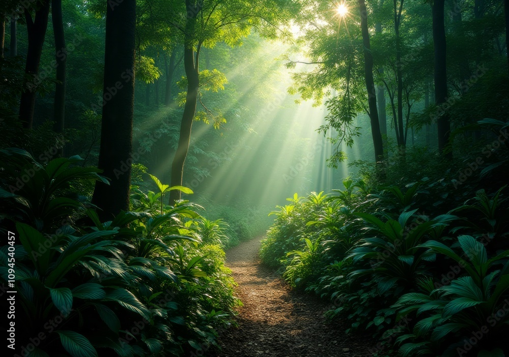 Obraz premium Lush forest path illuminated by sunlight filtering through trees at dawn