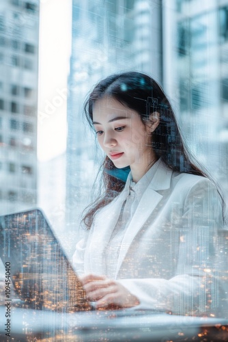 Business professional working on laptop in modern office with city view