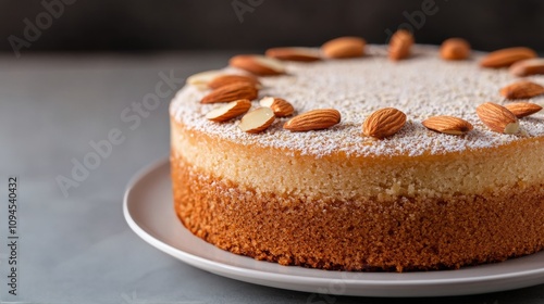 Deliciously creamy cheesecake topped with almonds served on a white plate