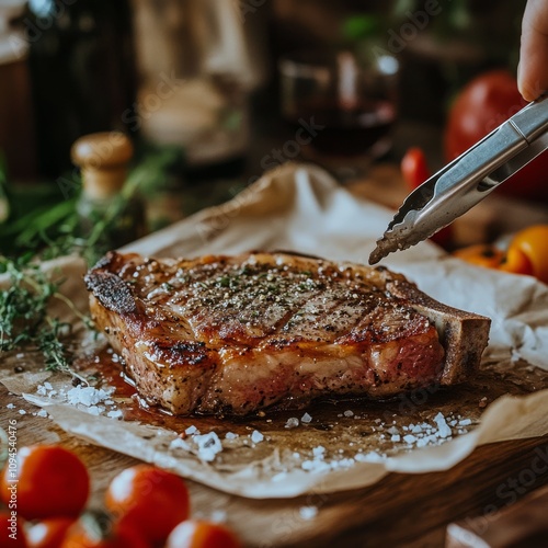 Preparing a flavorful steak with spices and fresh ingredients on a rustic kit...