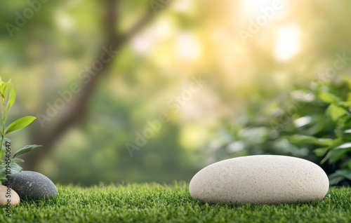 Natural garden setting featuring smooth stones and vibrant greenery at sunrise