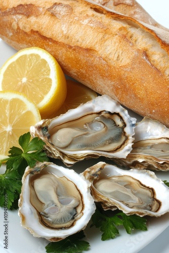 Fresh oysters served with baguettes and lemon on a white plate