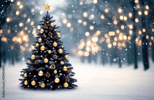 Beautifully decorated Christmas tree with golden ornaments and pinecones in a...