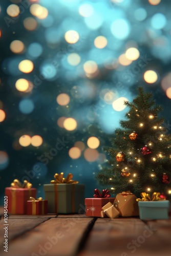 Festive Christmas tree adorned with colorful ornaments and presents under sof...