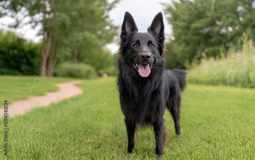 Black dog standing proudly in a sunny park surrounded by greenery