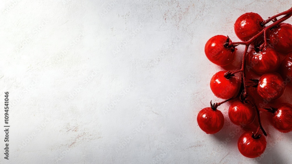 © Seyyar - Vibrant cluster of fresh red cherry tomatoes on a smooth white textured background, ideal for adding text or graphics.