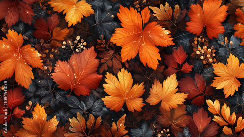 Autumn leaves pattern with orange and golden foliage on dark background, digital art