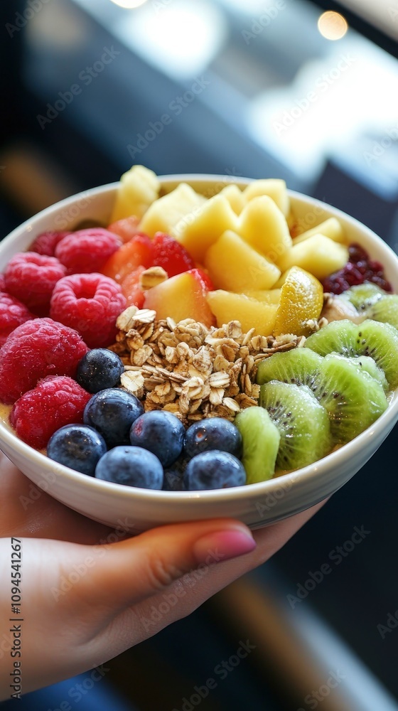 Close-up of a hand holding a smoothie bowl filled with fresh, colorful fruits and nuts Close-up of a hand holding a smoothie bowl filled with fresh, colorful fruits and nuts