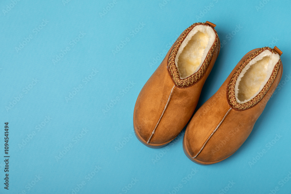 Fototapeta premium Soft slippers on a bright colored background, close-up. House slippers. Comfortable shoes for home. Foot care concept. Home comfort. Space for text. Copy space.