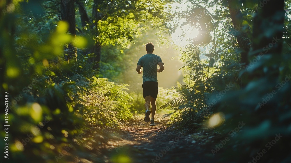 Close up picture of a man running along a nature trail in the early morning light Close up picture of a man running along a nature trail in the early morning light