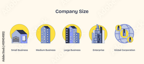 Company size icons depict growth from small to global. Key objects, briefcase, buildings, globe. Neubrutalism style.