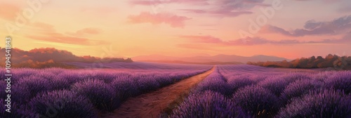 Lavender fields stretch under a colorful sunset in a serene rural landscape