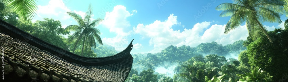 Lush jungle landscape with a traditional roof and vibrant sky. Lush jungle landscape with a traditional roof and vibrant sky.