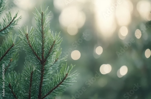 Winter wonderland with snowflakes falling on evergreen branches in a serene a...