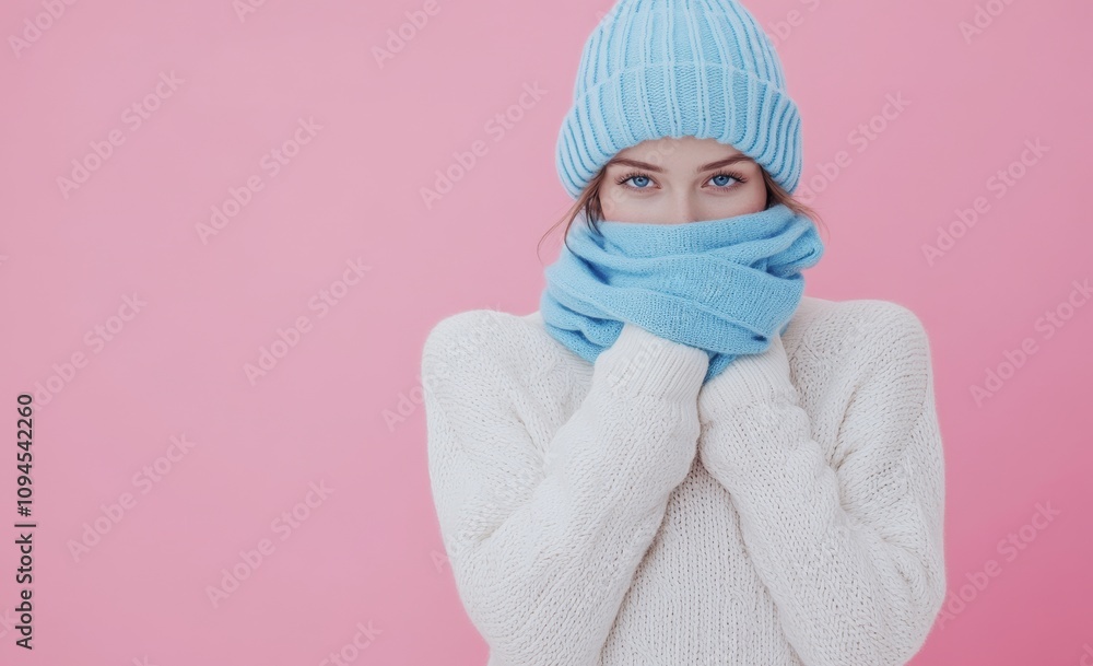 Over a pink background, an enigmatic winter girl hides from the cold Over a pink background, an enigmatic winter girl hides from the cold