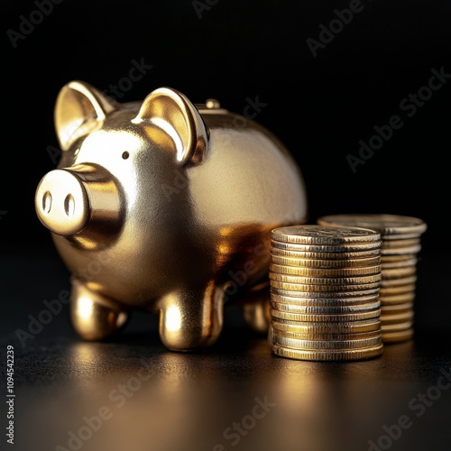 Golden piggy bank surrounded by stacked coins on a dark background