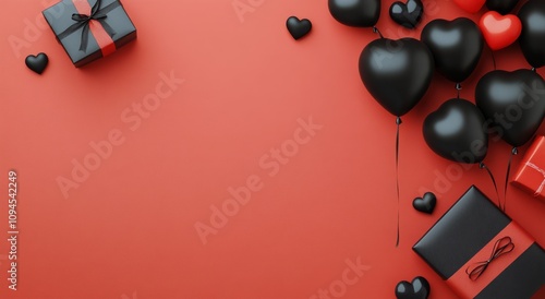 Festive decorations with black and red balloons, hearts, and gift boxes for a...