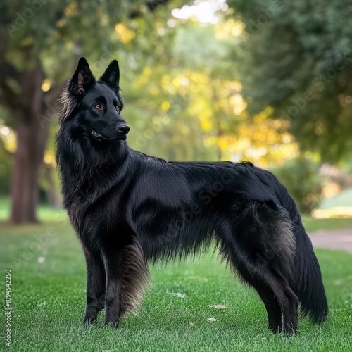 Black dog stands proudly in a park surrounded by golden autumn trees during d...