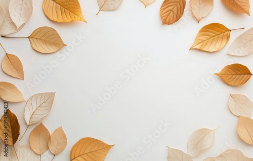 Autumn leaves arranged on a light surface creating a natural frame for season...