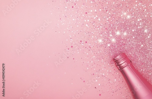 Sparkling champagne bottle with shiny stars on pink background for celebration