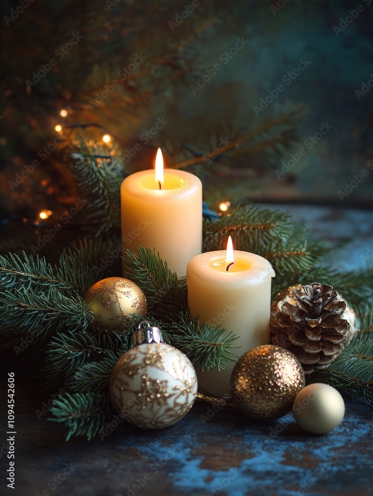 Beautifully decorated Christmas table with candles, ornaments, and pine branches Beautifully decorated Christmas table with candles, ornaments, and pine branches