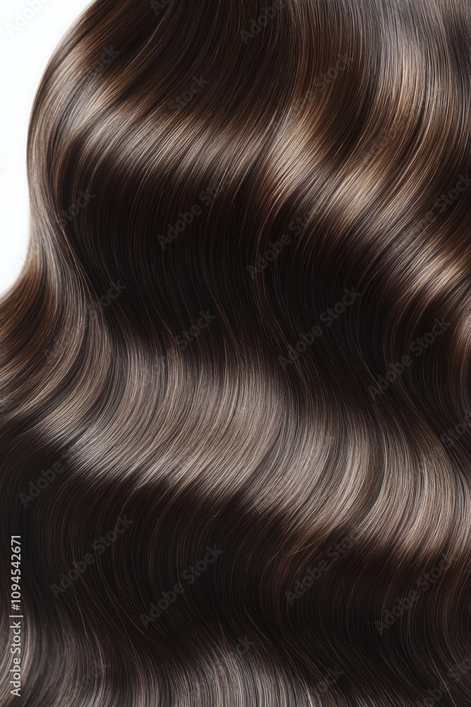 Naklejka premium Elegant wavy brunette hair displayed in soft curls and shine under natural light