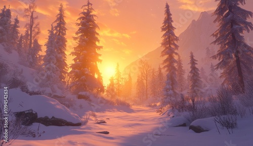 Beautiful winter forest landscape in a sunny day with icily snowy fir trees glowing in the sunlight. This is a winter holiday concept. It is a travel day. It is a wonderland in winter. Amazing nature