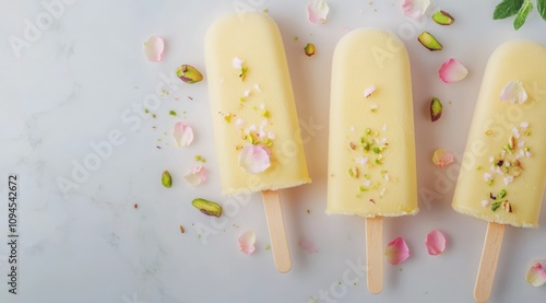 Delightful frozen treats with rose petals and pistachios for a refreshing sum...