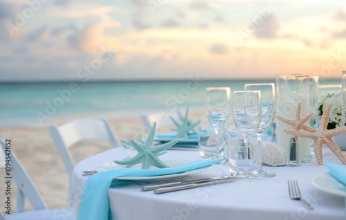 Elegant beachside dining setup with blue accents during sunset near the ocean