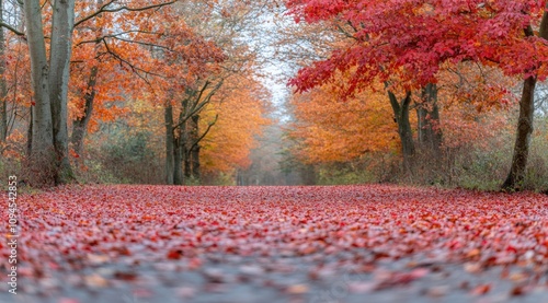 Colorful autumn foliage covers a peaceful pathway in a serene forest setting