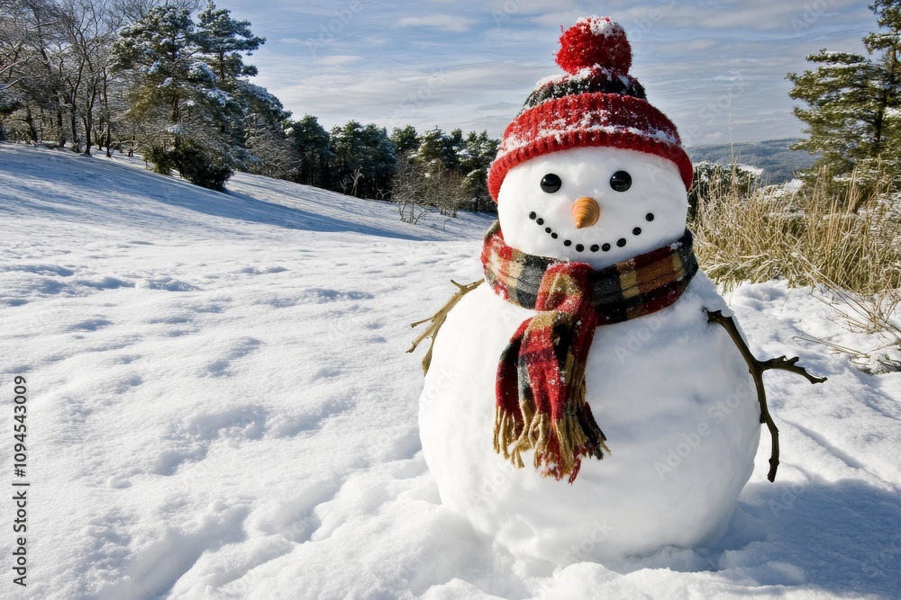 Fototapeta premium An adorable snowman in a stylish hat and yellow scalf on a snowy field. Merry Christmas and a happy new year!