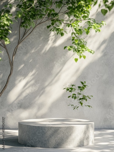 Calm minimalist space with a stone platform and greenery in bright natural light