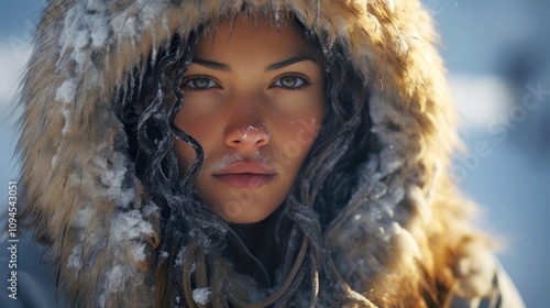 Close-up portrait of a woman wearing a fur-lined hood, dusted with snowflakes, in soft snowy lighting