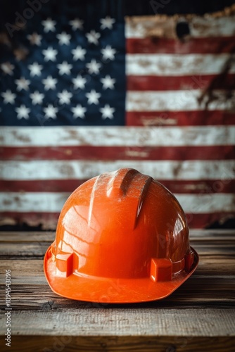 Hard hat placed on wooden surface with American flag as background in constru...