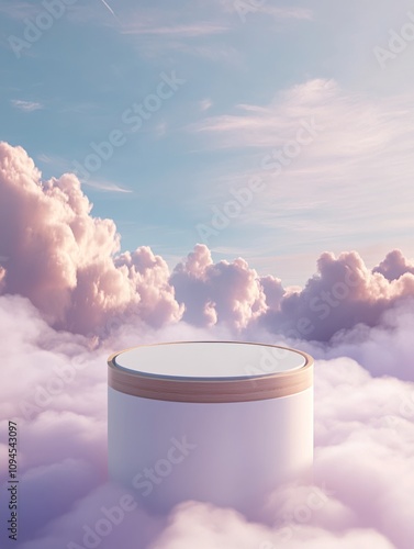 Cloud platform rising above a sea of fluffy clouds during a colorful sunset
