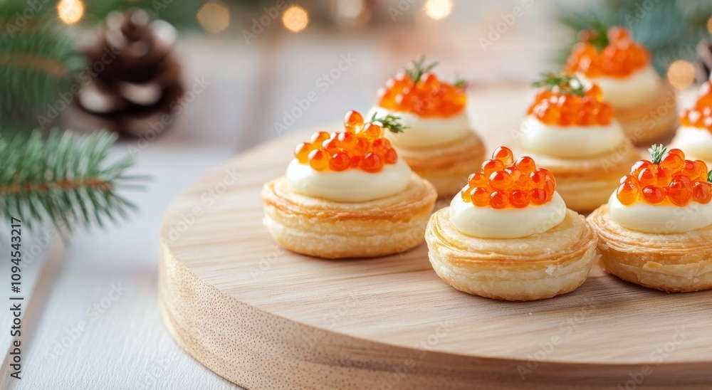 Delicate pastry cups filled with cream and topped with fish roe and herbs for a festive occasion Delicate pastry cups filled with cream and topped with fish roe and herbs for a festive occasion