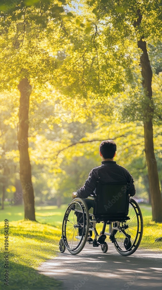 A wheelchair user enjoying nature at a scenic park, concept of accessibility and freedom A wheelchair user enjoying nature at a scenic park, concept of accessibility and freedom