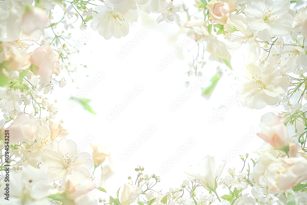 White flower arrangement with a white background. The flowers are arranged in a way that creates a sense of movement and flow. Scene is serene and calming, as the white flowers White flower arrangement with a white background. The flowers are arranged in a way that creates a sense of movement and flow. Scene is serene and calming, as the white flowers