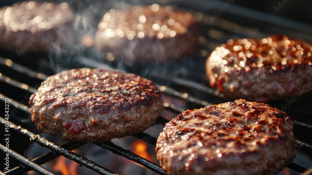 Grilled burgers sizzling on a portable grill with smoke rising, surrounded by friends at a lively tailgating gathering in close-up. Grilled burgers sizzling on a portable grill with smoke rising, surrounded by friends at a lively tailgating gathering in close-up.